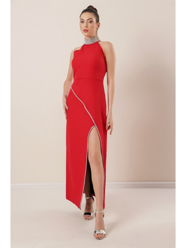 By Saygı Stone Detailed Long Dress with a Slit in the Front Red