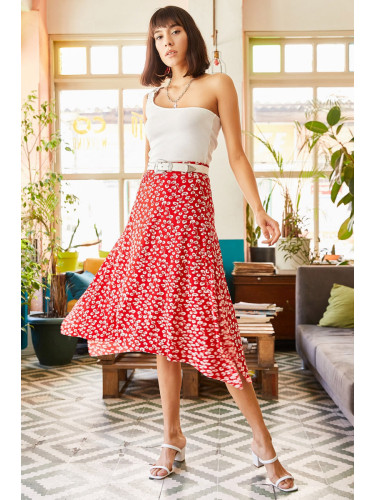 Olalook Women's Red Buds Asymmetrical Patterned Skirt