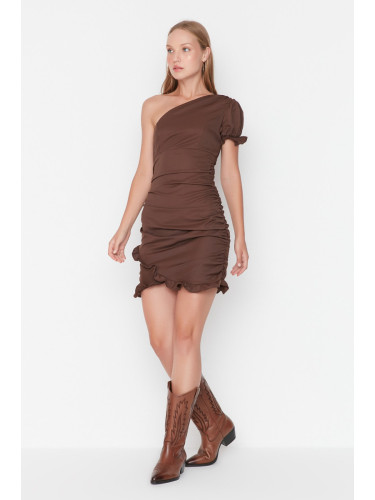 Trendyol кафяв дребничка едно рамо драпирани тъкани рокля