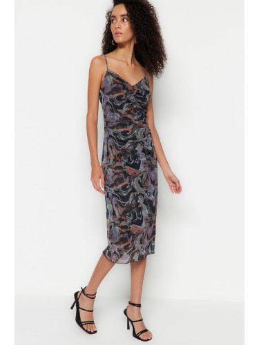 Trendyol черна шарени плисирана тюл плетена рокля