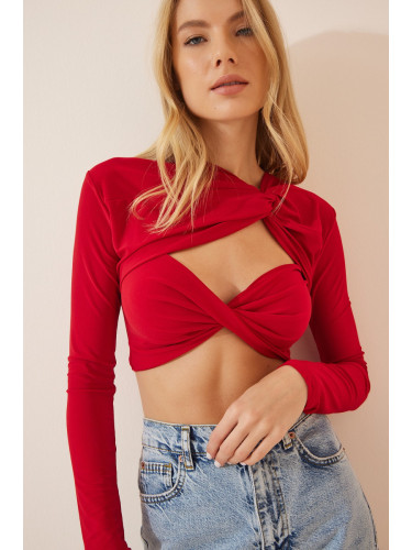 Happiness İstanbul Women's Red Cut Out Detailed Crop Sandy Knitted Blouse