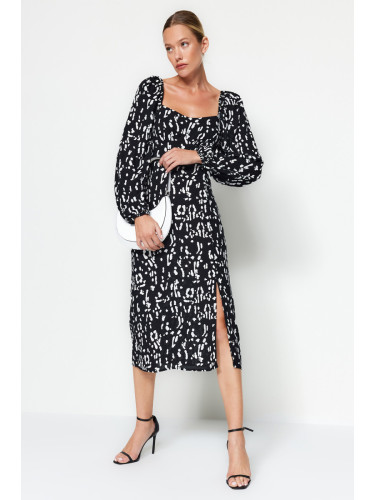 Trendyol черен прав нарязани шарени цепка подробни вискоза тъкани рокля