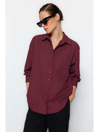 Trendyol Dark Burgundy Single Pocket Boyfriend/Wide Fit Cotton Woven Shirt