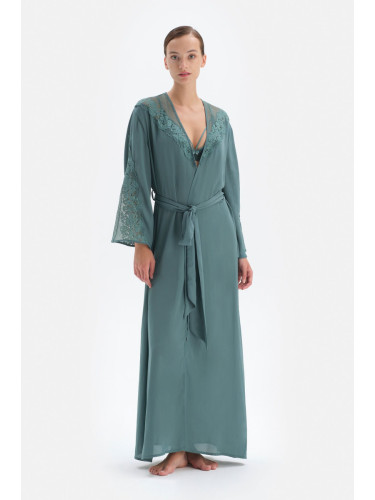 Dagi Green Three Quarter Sleeve Lace Long Dressing Gown