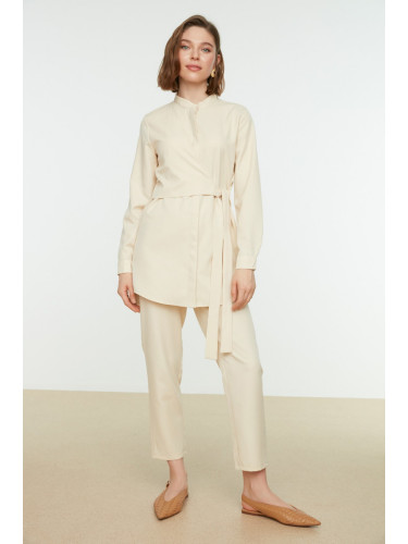 Trendyol Ecru Crimp Collar, Double Breasted, Tied Shirt-Pants, Woven Suit