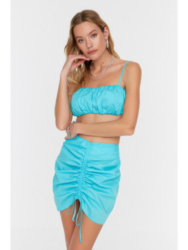 Trendyol Turquoise Shirred Detailed Poplin Beach Bottom-Top Set