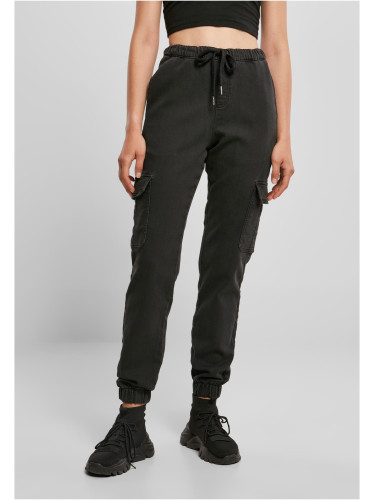 Women's Knitted Denim Cargo Trousers High Waist Black