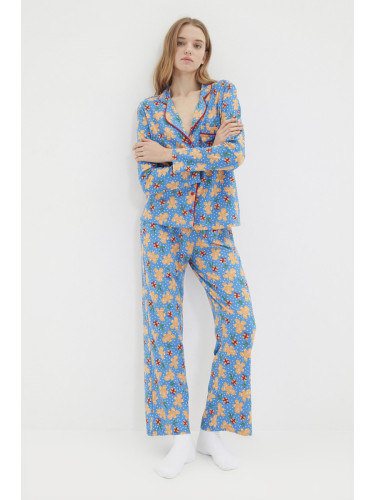 Trendyol Blue 100% Cotton Christmas Themed Knitted Pajama Set