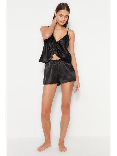 Trendyol Black Shirred Detailed Satin Singlet-Shorts Woven Pajamas Set