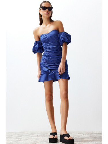 Trendyol синьо ограничено издание драпирани мини поплин тъкани рокля тъкани рокля