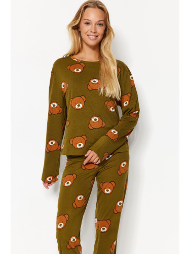 Trendyol Khaki 100% Cotton Teddy Bear Patterned Knitted Pajama Set