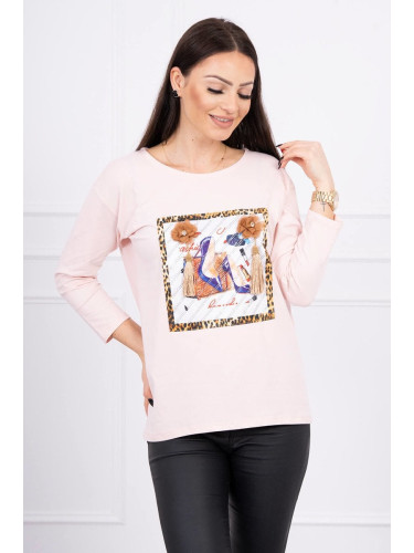 Blouse with 3D graphics and decorative pom pom powder pink