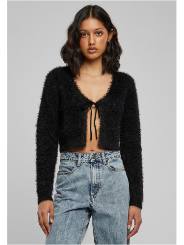 Women's sweater with tied cropped feathers black
