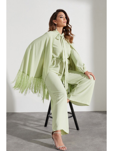 Модерен светло зелен пискюлен нос-гащеризон вечерно облекло костюм