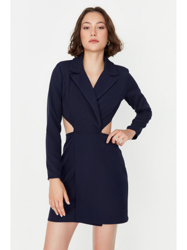 Trendyol флот синьо мини тъкани изрязани подробни яке тъкани рокля