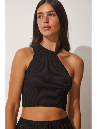 Happiness İstanbul Women's Black One-Shoulder Crop Knitwear Blouse