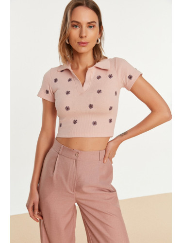 Trendyol Powder Embroidery Detailed Polo Neck Fitted Crop Knitted Blouse