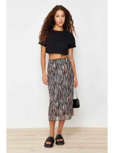 Trendyol Brown Elastic Waist, Printed Midi-Length Lined Tulle Knitted Skirt