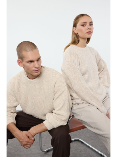 Trendyol Beige Oversize Fit Couple/Double Wide Pattern Crew Neck Basic Knitwear Sweater