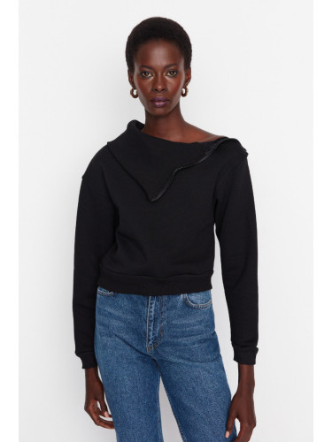 Trendyol Black Collar with Rib and Zipper Detail, Fleece Inside, Knitted Sweatshirt