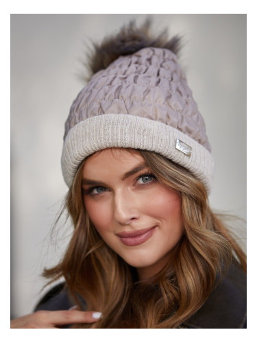 Winter hat made of nylon with a pompom, beige