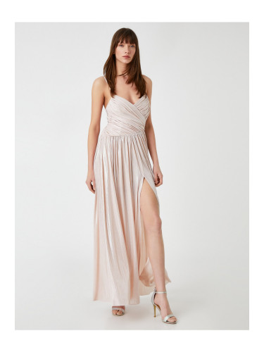 Koton Дълга вечерна рокля с драпирани презрамки, лъскава
