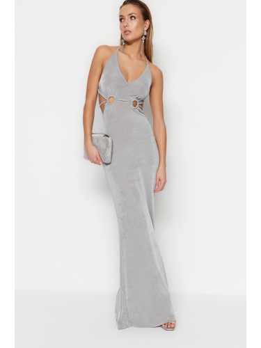 Trendyol сива вталена вечерна рокля с плетене детайлно и блестящо