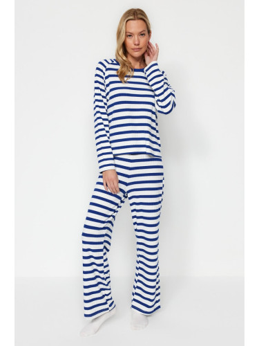 Trendyol Navy Blue-White Striped Cotton Corduroy Tshirt-Pants Knitted Pajama Set