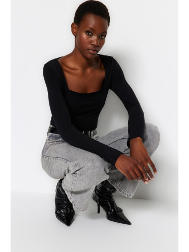 Trendyol Black Cotton Stretchy Square Neck Fitted Blouse