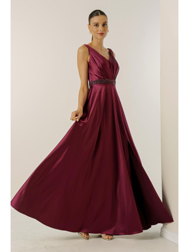 От Saygı V-образно деколте широки презрамки, мъниста облицована талията, широко тяло вечер дълга сатенена рокля