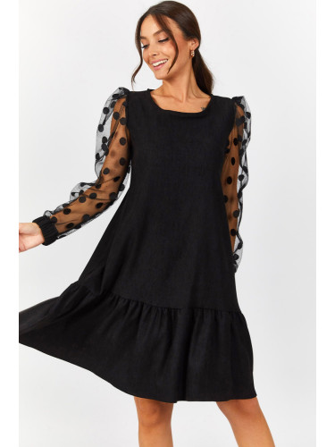 armonika Women's Black Tulle Sleeves Black Evening Dress