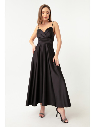 Lafaba Дамска черна сатенена вечерна рокля Midi с презрамки и колан на талията & абитуриентски рокли