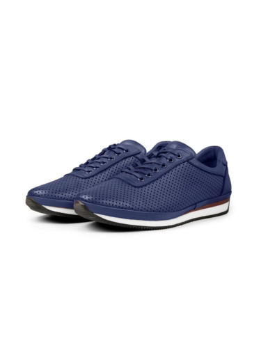 Ducavelli Pointed Genuine Leather Men's Casual Shoes, Genuine Leather Summer Shoes, Perforated Shoes Navy Blue.