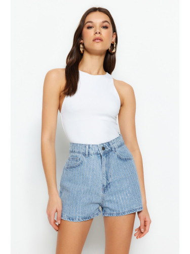 Trendyol High Waist Denim Shorts With Blue Stones
