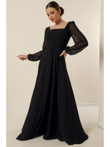 От Saygı подплатена шифон дълга вечерна рокля с квадратно деколте талия и колан с колан.