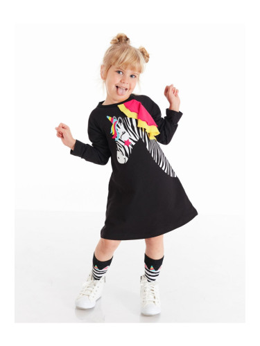 Denokids Black Unicorn Zebra Girl's Long Sleeve Ruffle Detailed Dress