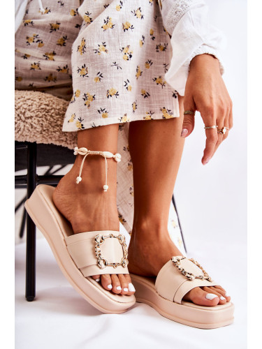 S. BARSKI Модни дамски кожени чехли бежово Adaline