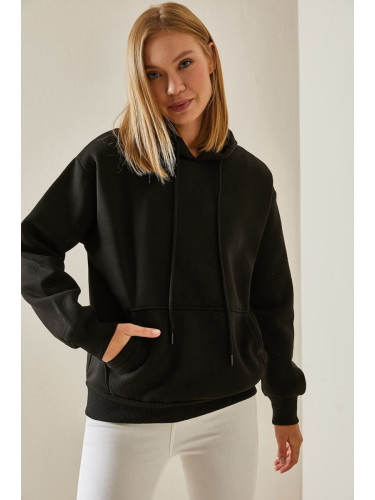 XHAN Black Kangaroo Pocket Hoodie Sweatshirt