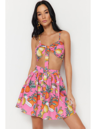 Trendyol Fruit Patterned Woven Tie Blouse Skirt Set