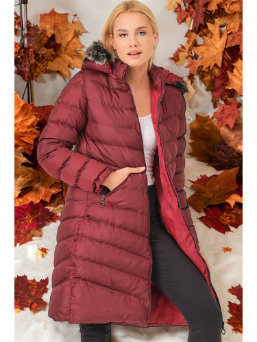 Z6690 DEWBERRY КОЖА С КАЧУЛКА ДАМСКО ПАЛТО-ОБИКНОВЕН БОРДО