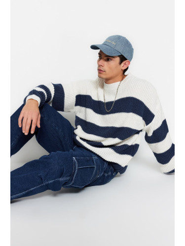 Trendyol Indigo Casual Oversize Fit Wide Mold Crew Neck Striped Knitwear Sweater