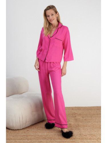 Trendyol Fuchsia Piping Viscose Shirt-Pants Woven Pajamas Set