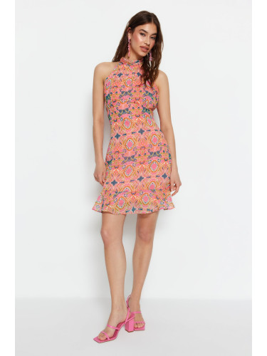 Trendyol розово високо деколте отпечатани тъкани рокля