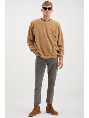 GRIMELANGE Thompson Men's Fleece Thick Textured Light Brown Sweatshirt with Pocket And Ornamental Labe