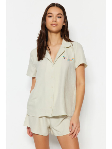 Trendyol Light Beige Motto Embroidered Shirt-Shorts, Woven Pajamas Set