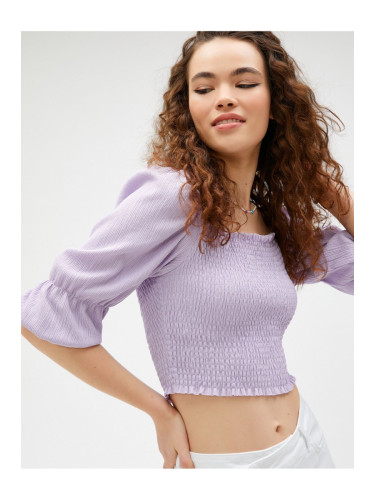 Koton Crop T-Shirt Gimped Balloon Sleeve Square Neck