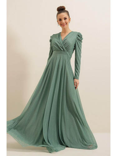 By Saygı Lace Neck Shoulder Pleated Lined Glittery Long Dress