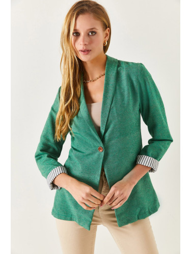 armonika Women's Dark Green Striped One-Button Jacket with