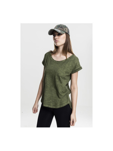 Women's long-back T-shirt in the shape of a spray with olive dye