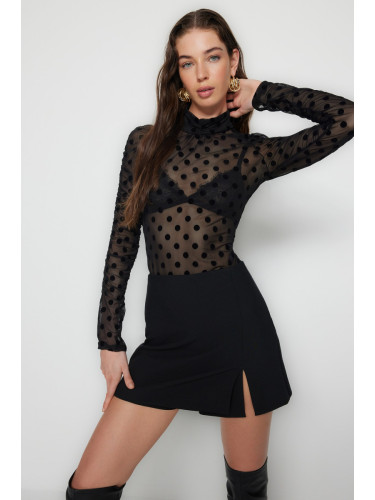 Trendyol Black High Neck Flock Printed and Gathered Detailed Long Sleeve With Snaps Flexible Knitted Body